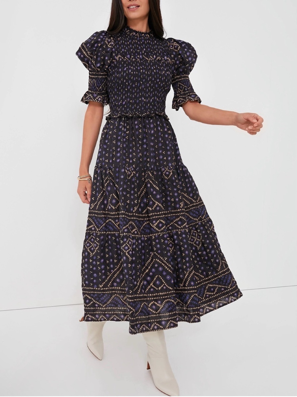 SEA NEW YORK Blue Delphine Pucker Cotton Puff Sleeve Smocked Dress M NEW $450!!